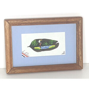 Feather Painting Parrot McCaw Costa Rica Framed Matted Glass 5x7"